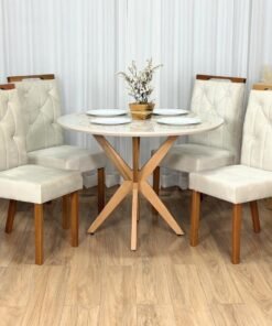Mesa de Jantar Circular Simpatia 1.08x1.08 c/4 Cadeiras Jasmim - Cinamomo/Off White/Bege Veludo
