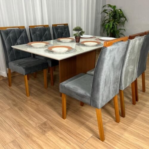Alternative view of Mesa de Jantar Helo 1.60×0.90 Com 6 Cadeiras Jasmim - Mel/Off White/Cinza Veludo