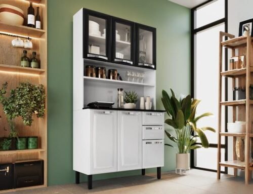 Armário Kit de Cozinha c/ Vidro 1,05m Pratika - Branco/Preto