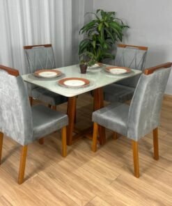 Mesa de Jantar Bali 1.20x0.80 Com 4 Cadeiras Isa - Cinamomo/Off White/Cinza Veludo