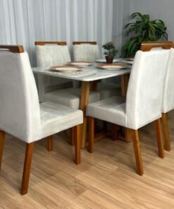 Mesa de Jantar Bali 1.60×0.80 Com 6 Cadeiras Isa – Cinamomo/Off White/Bege Veludo