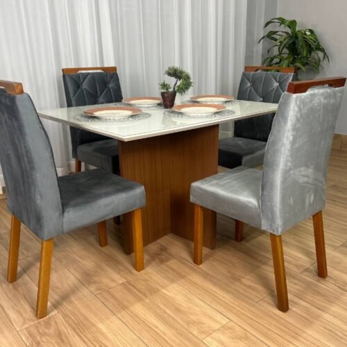 Alternative view of Mesa de Jantar Helo 1.20x0.90 Com 4 Cadeiras Jasmim - Mel/Off White/Cinza Veludo