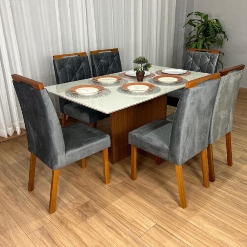 Mesa de Jantar Helo 1.60×0.90 Com 6 Cadeiras Jasmim - Mel/Off White/Cinza Veludo