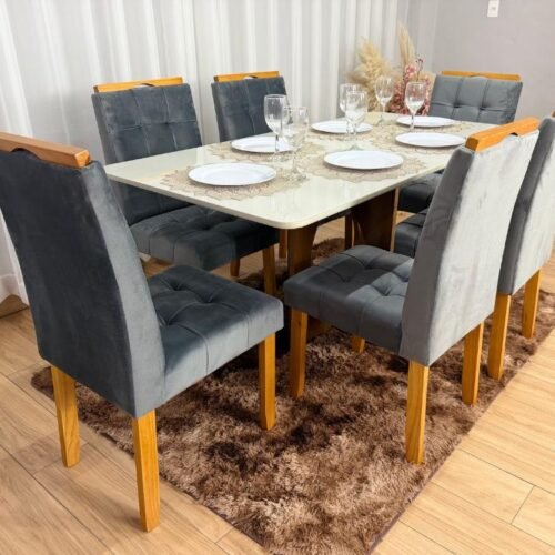 Mesa de Jantar Madri 1.60x0.80 Com 6 Cadeiras Londres - Cinamomo/Off white/Cinza Veludo