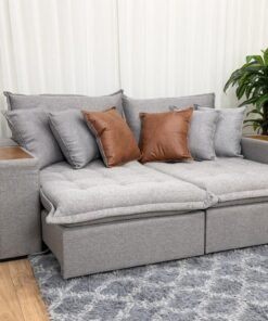 Sofá Cama Retrátil Reclinável Tebas 2.30m - Cinza Linho/Marrom Courino