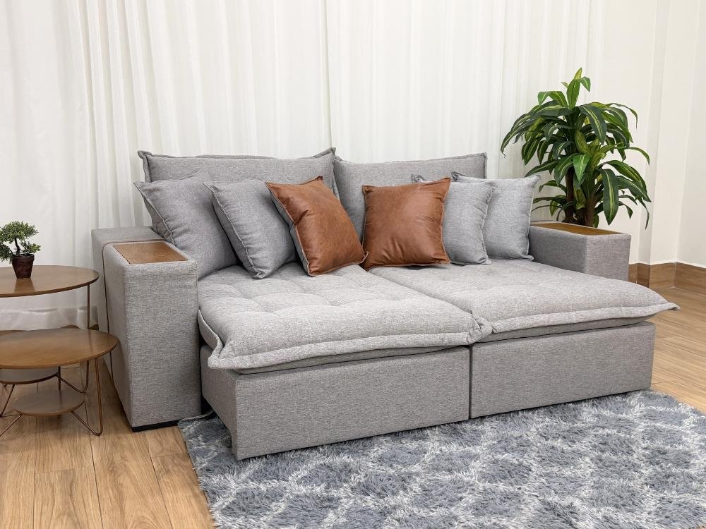 Sofá Cama Retrátil Reclinável Tebas 2.30m - Cinza Linho/Marrom Courino