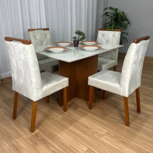 Mesa de Jantar Helo 1.20x0.90 Com 4 Cadeiras Jasmim - Mel/Off White/Bege Veludo