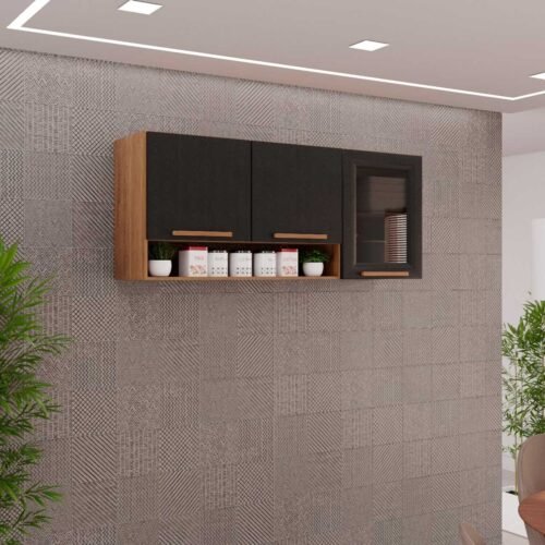Armário de Cozinha Aéreo New Valência 3 portas Fume 1,20m - Cinamomo/Preto