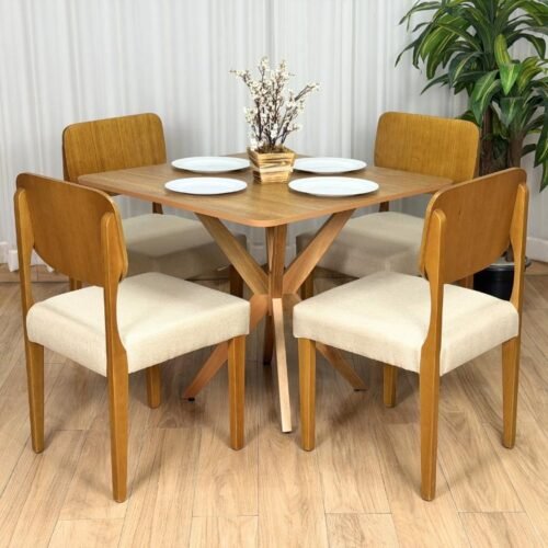 Mesa de Jantar Simpatia 0.90x0.90 Quadrada c/4 Cadeiras Barcelona - Cinamomo/Bege Linho