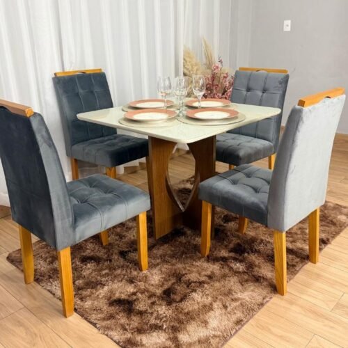 Mesa de Jantar Madri 1.20x0.80 Com 4 Cadeiras Londres - Cinamomo/Off white/Cinza Veludo