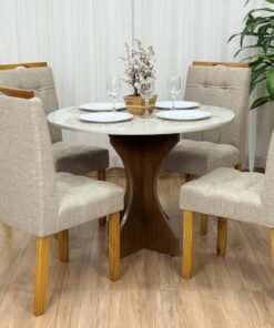 Mesa de Jantar Sienna Circular 1.00 Com 4 Cadeiras Londres - Cinamomo/Off white/Bege Linho