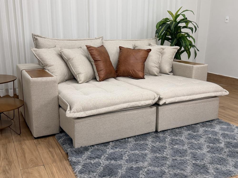 Sofá Cama Retrátil Reclinável Tebas 2.30m - Bege Linho/Marrom Courino