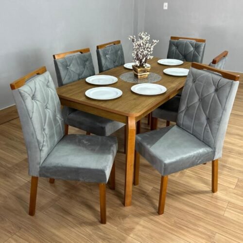 Mesa de Jantar Alegra 1.60x0.80 Com 6 Cadeiras Jasmim - Cinamomo/Cinza