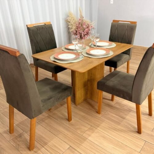 Mesa de Jantar Salinas 1.20x0.80 s/Vidro c/4 Cadeiras Isa - Cinamomo/Marrom Veludo