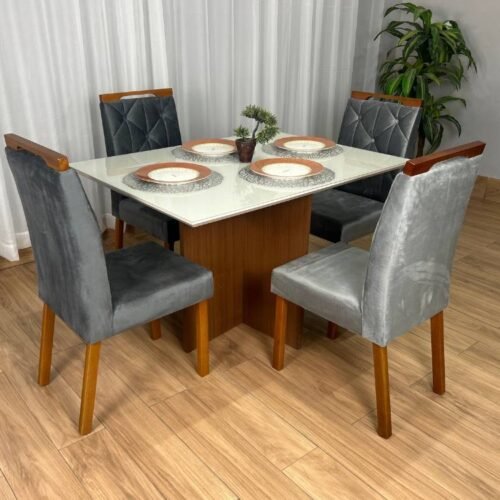 Mesa de Jantar Helo 1.20x0.90 Com 4 Cadeiras Jasmim - Mel/Off White/Cinza Veludo
