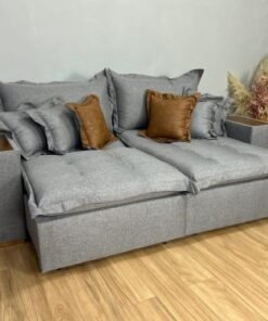 Sofá Cama Retrátil Reclinável Gabriela 2,90m – Cinza Linho/ Marrom Courino