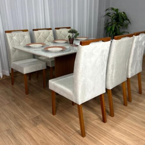 Alternative view of Mesa de Jantar Helo 1.60×0.90 Com 6 Cadeiras Jasmim - Mel/Off White/Bege Veludo