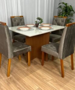 Mesa de Jantar Helo 1.20x0.90 Com 4 Cadeiras Jasmim - Mel/Off White/Marrom Veludo