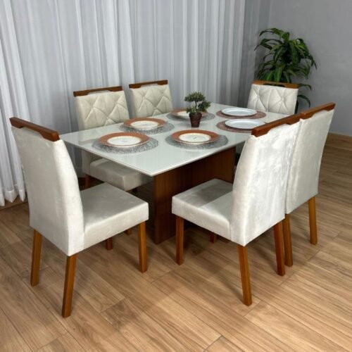Mesa de Jantar Helo 1.60×0.90 Com 6 Cadeiras Jasmim - Mel/Off White/Bege Veludo
