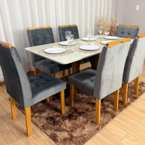 Alternative view of Mesa de Jantar Madri 1.60x0.80 Com 6 Cadeiras Londres - Cinamomo/Off white/Cinza Veludo