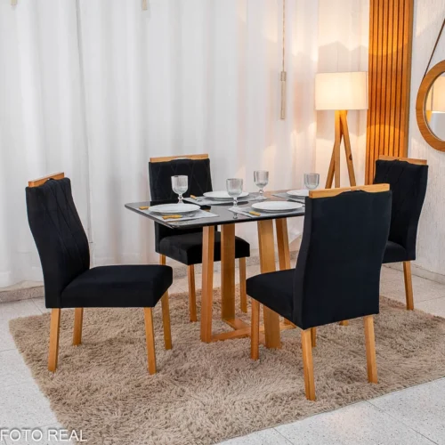 Alternative view of Mesa de Jantar Pedro 120×80 Vidro Preto/Base madeira + 4 Cad. Lisboa Veludo Preto  Madeira