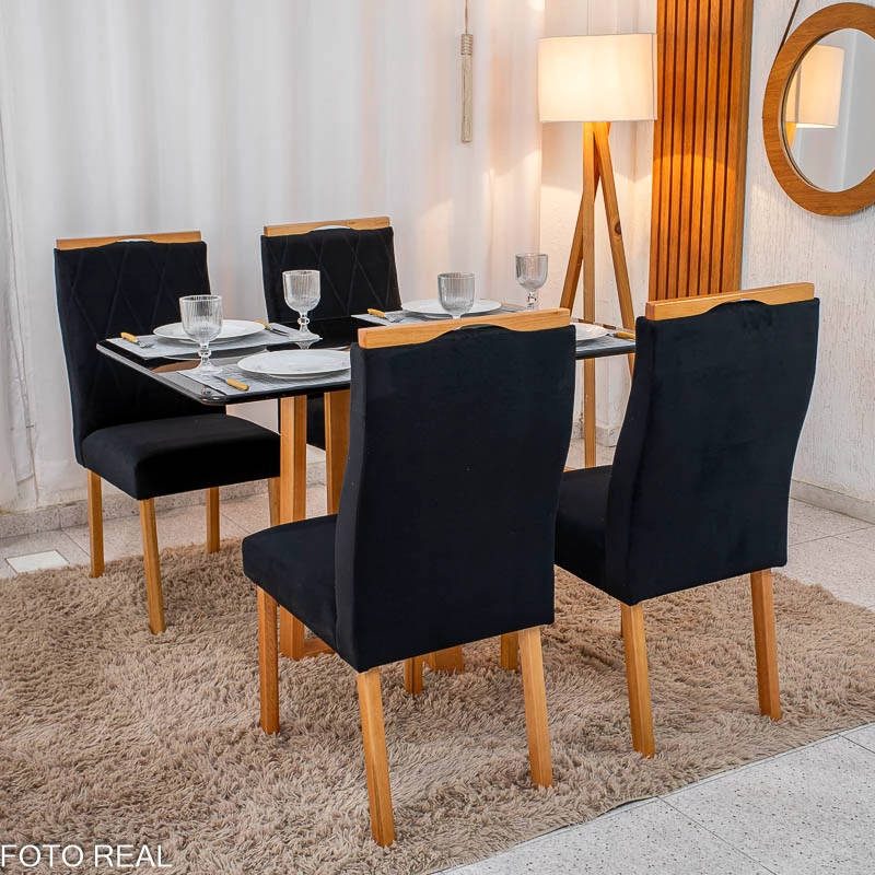 Mesa de Jantar Pedro 120×80 Vidro Preto/Base madeira + 4 Cad. Lisboa Veludo Preto Madeira - Imagem 4