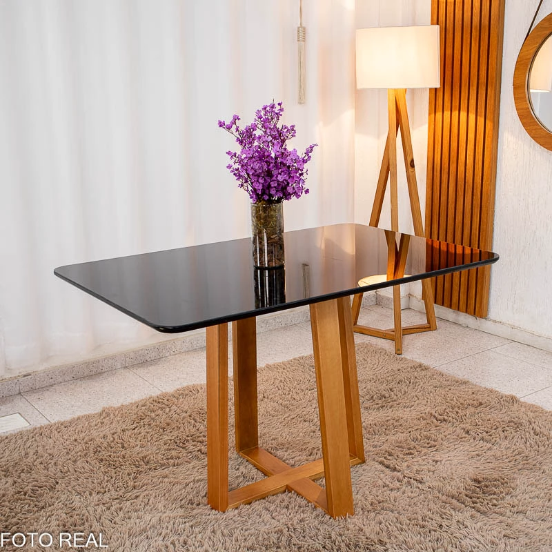 Mesa de Jantar Pedro 120×80 Vidro Preto/Base madeira + 4 Cad. Lisboa Veludo Preto Madeira - Imagem 5