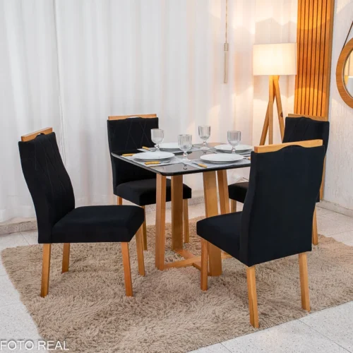 Mesa de Jantar Pedro 90x90 Vidro Preto/Base Madeira + 4 Cad. Lisboa Veludo Preto Madeira