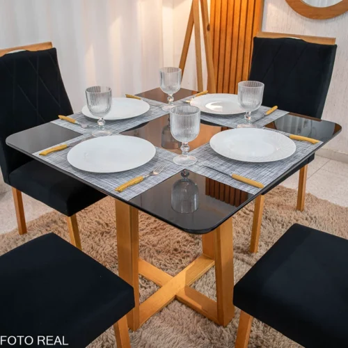 Alternative view of Mesa de Jantar Pedro 90x90 Vidro Preto/Base Madeira + 4 Cad. Lisboa Veludo Preto  Madeira