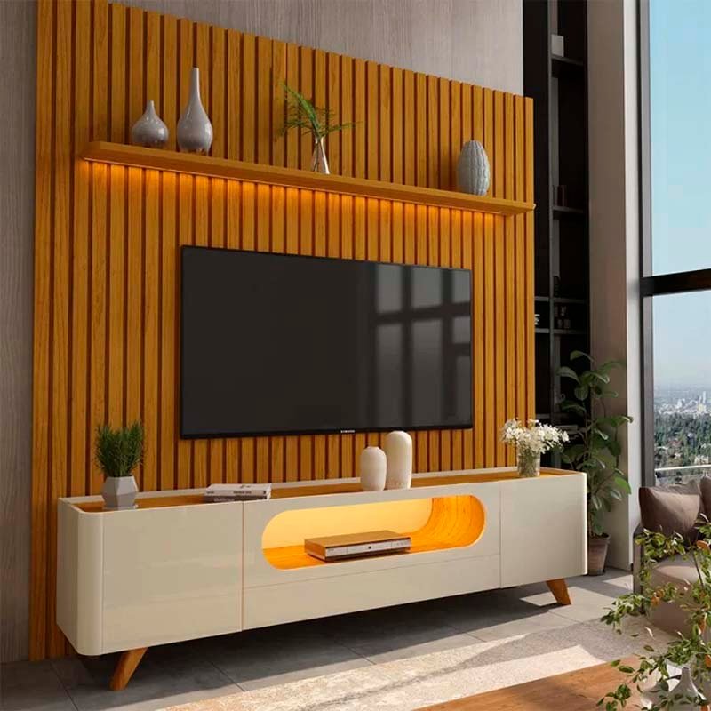 Rack Nobre Larg. 2.10m Off/Naturale + Painel Nobre Larg. 2.30m Naturale Ripado C/ Led 100% MDF TV até 85"- Gelius - Imagem 4