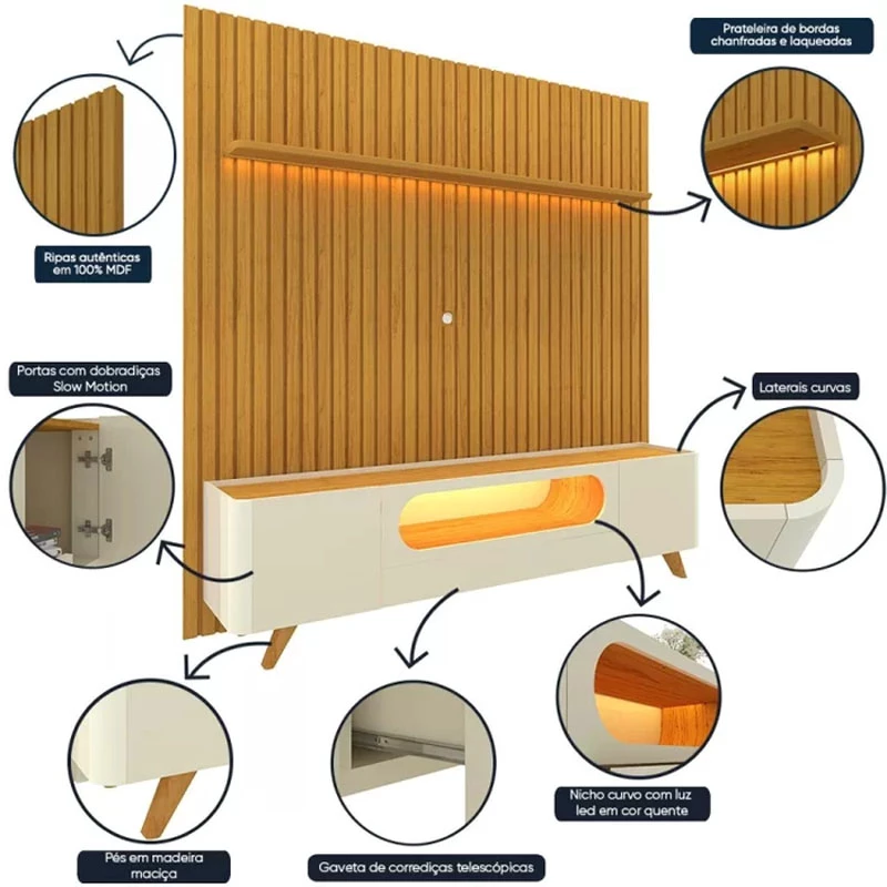 Rack Nobre Larg. 2.10m Off/Naturale + Painel Nobre Larg. 2.30m Naturale Ripado C/ Led 100% MDF TV até 85"- Gelius - Imagem 2