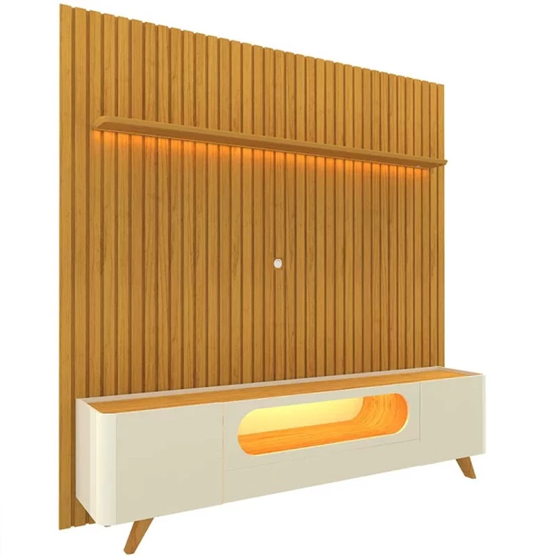 Rack Nobre Larg. 2.10m Off/Naturale + Painel Nobre Larg. 2.30m Naturale Ripado C/ Led 100% MDF TV até 85"- Gelius - Imagem 3