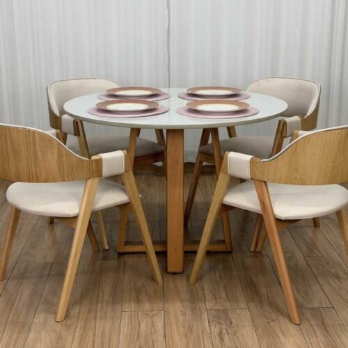 Mesa de Jantar Bali Circular 1.10x1.10m c/4 Cadeiras Pérola - Cinamomo/Off White/Bege Linho
