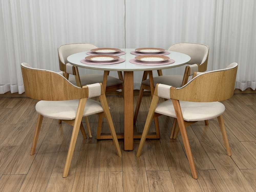 Mesa de Jantar Bali Circular 1.10x1.10m c/4 Cadeiras Pérola - Cinamomo/Off White/Bege Linho