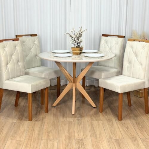 Mesa de Jantar Circular Simpatia 1.08x1.08 c/4 Cadeiras Jasmim - Cinamomo/Off White/Bege Veludo