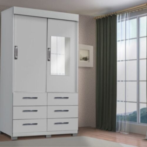 Guarda-Roupa Buzios 2 portas de correr com espelho 6 gavetas - Branco