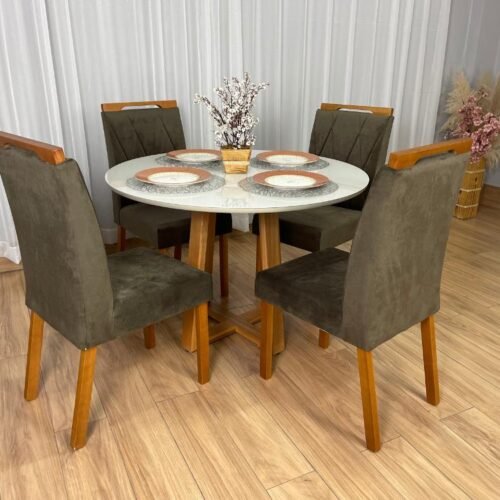 Mesa de Jantar Bali Circular 1.10x1.10 c/4 Cadeiras Isa  - Cinamomo/Off White/Marrom Veludo