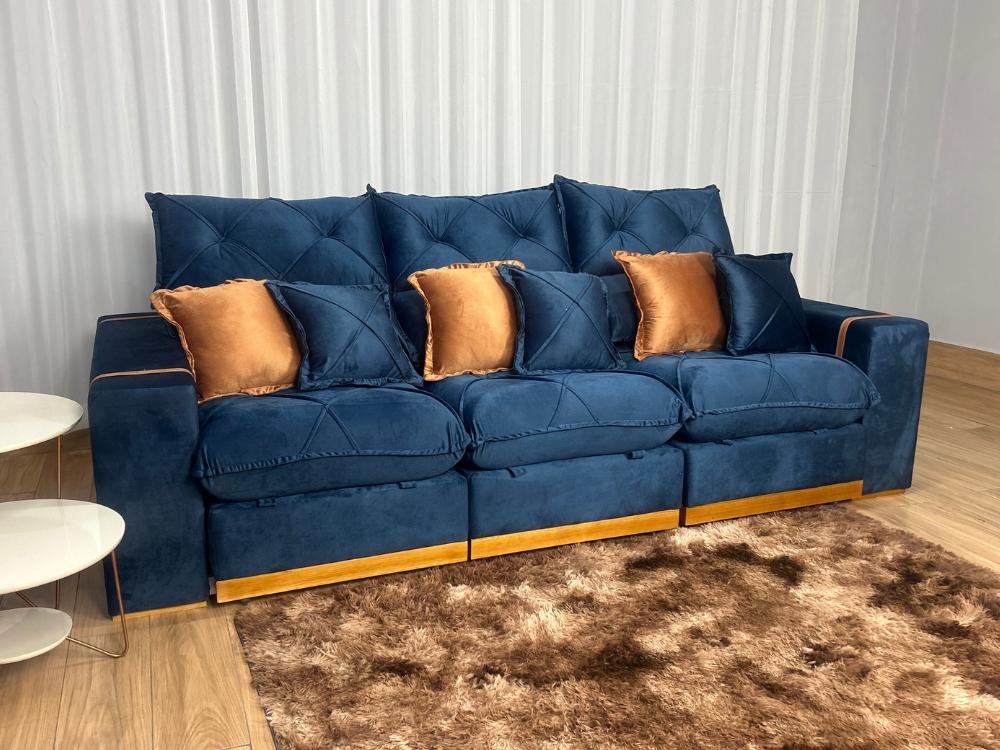 Sofá Retrátil Reclinável Pleno 3 Módulos 2.60m - Azul Veludo - Imagem 4