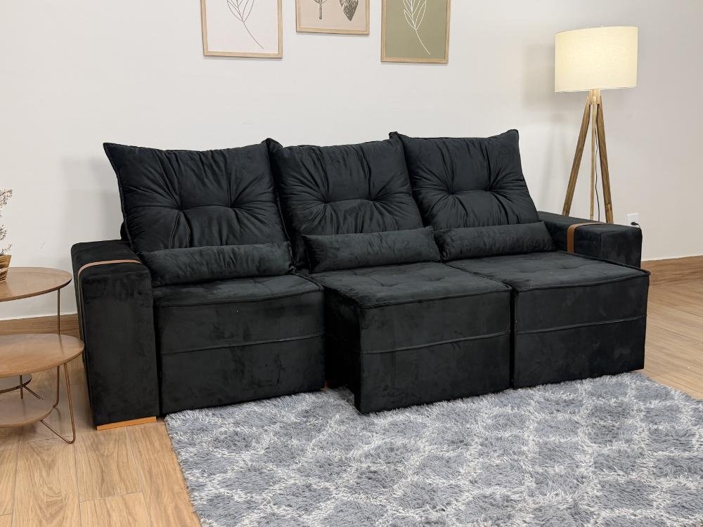 Sofá Retrátil Reclinável Junior 3 Módulos 2.45m - Preto Veludo - Imagem 4