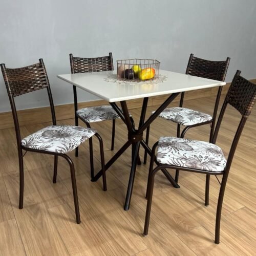 Conjunto Mesa Tubular Macaé Tampo Quadrado Com 4 Cadeiras Ratam - Marrom/Off White
