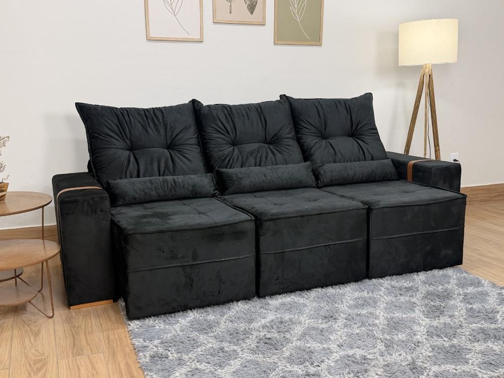 Sofá Retrátil Reclinável Junior 3 Módulos 2.45m - Preto Veludo