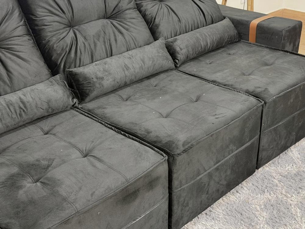 Sofá Retrátil Reclinável Junior 3 Módulos 2.45m - Preto Veludo - Imagem 8