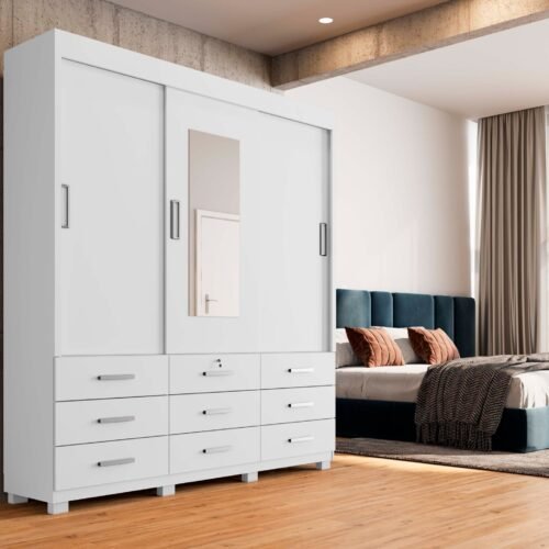 Guarda-Roupa Itapema II 3 portas de correr com espelho 9 gavetas - Branco