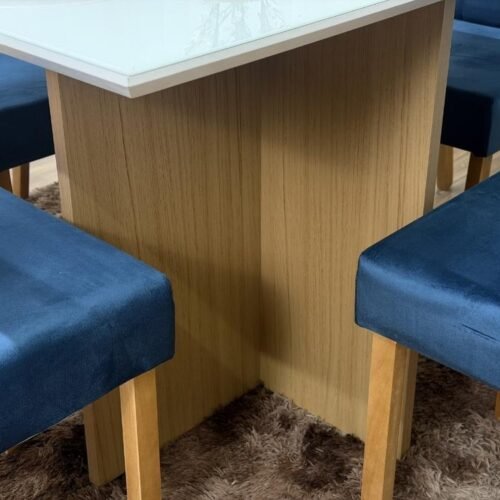 Mesa de Jantar Helo 1.20x0.90 Com 4 Cadeiras Jasmim - Freijó/Off White/Azul Veludo