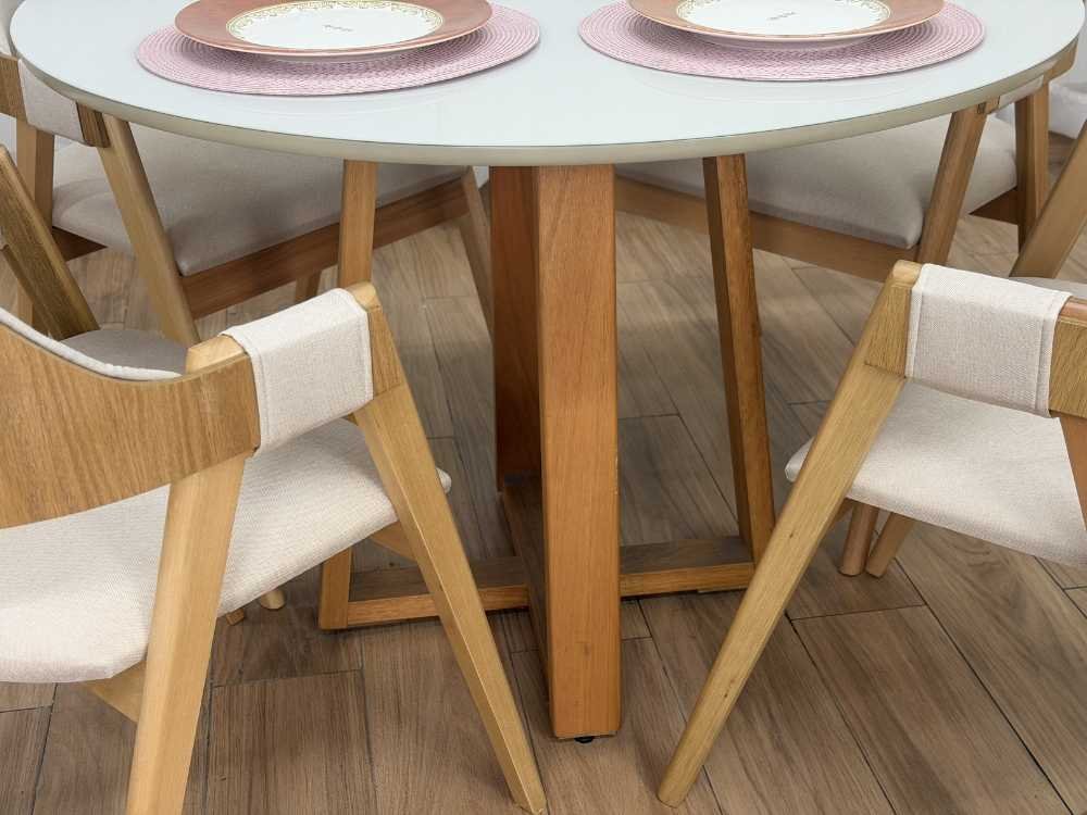 Mesa de Jantar Bali Circular 1.10x1.10m c/4 Cadeiras Pérola - Cinamomo/Off White/Bege Linho - Imagem 2
