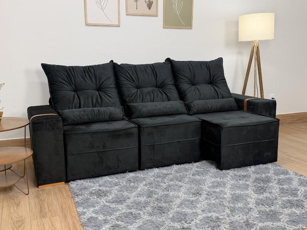 Sofá Retrátil Reclinável Junior 3 Módulos 2.45m - Preto Veludo - Imagem 5