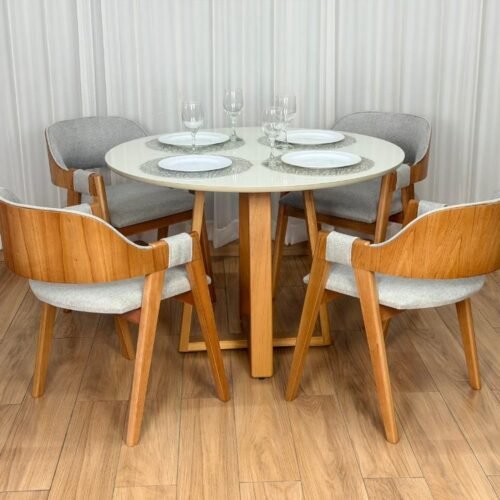 Mesa de Jantar Bali Circular 1.10x1.10m c/4 Cadeiras Pérola  - Cinamomo/Off White/Cinza Linho