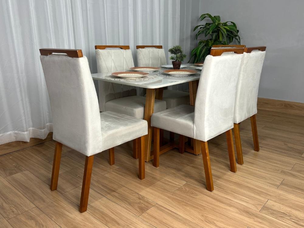 Mesa de Jantar Bali 1.60×0.80 Com 6 Cadeiras Isa – Cinamomo/Off White/Bege Veludo