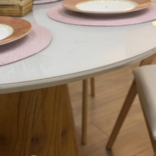 Alternative view of Mesa de Jantar Paris Circular 1.10x1.10 c/4 Cadeiras Pérola Concha - Cinamomo/Off White/Bege Linho