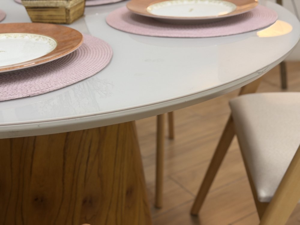 Mesa de Jantar Paris Circular 1.10x1.10 c/4 Cadeiras Pérola Concha - Cinamomo/Off White/Bege Linho - Imagem 2
